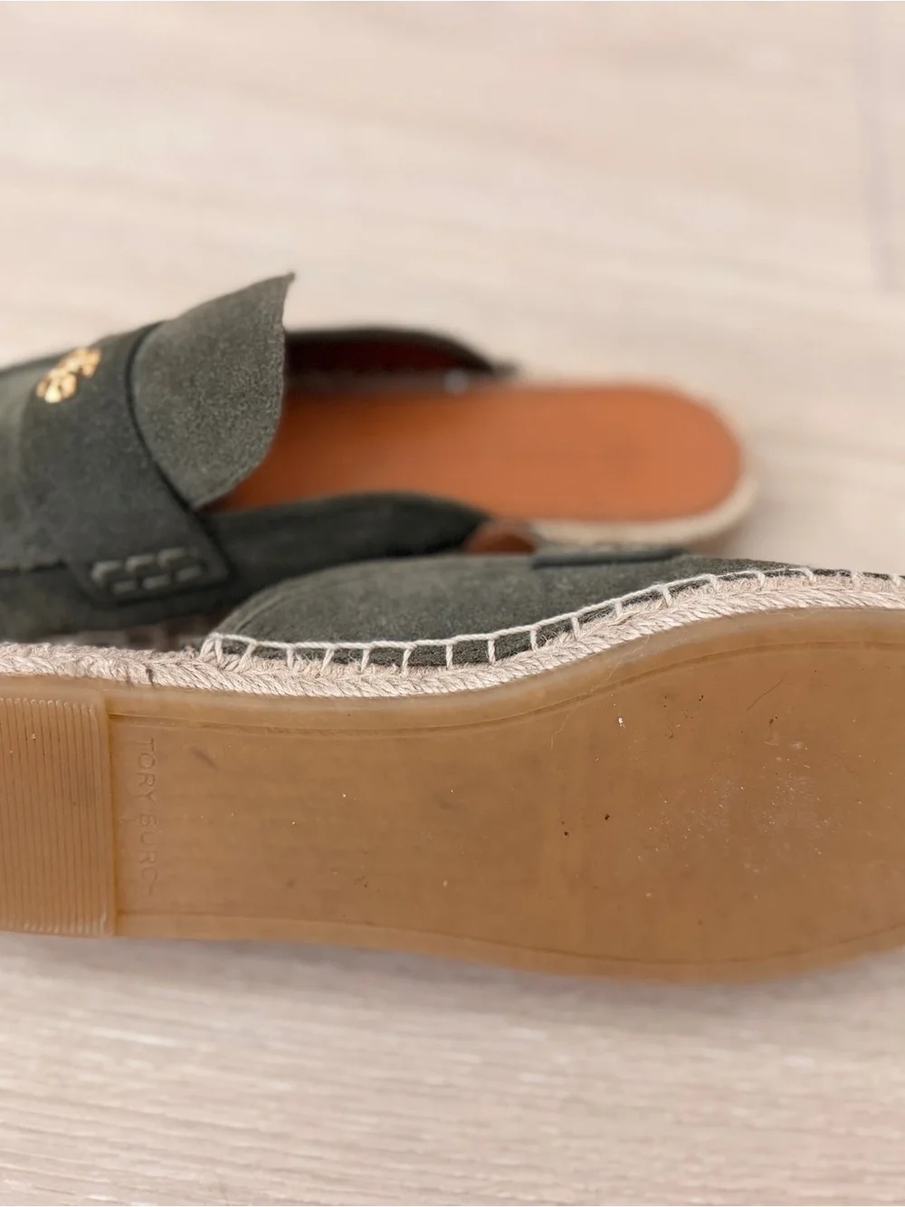Tory Burch Olive Green Suede Mule Clogs with Gold Logo
